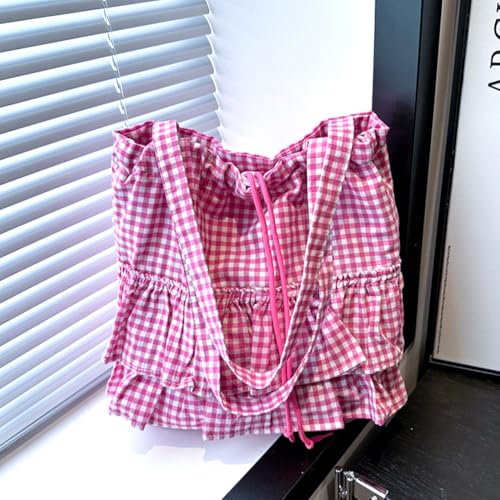 Women Lace Trim Shoulder Bag Large Capacity Soft Ruffles Drawstring Handbag Wear Resist Versatile Bucket Bag Floral Printed T4