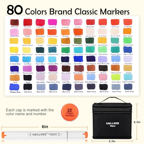 Image of WELLOKB Alcohol Markers, 80 Colors, Dual Tip, Permanent Art Markers with Case for Adults Coloring, Illustrations, Sketching, Book Painting, Card Making