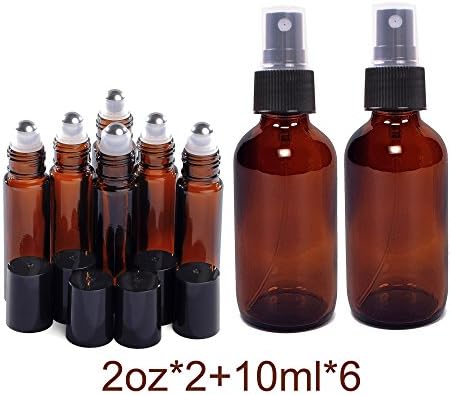 2oz and 10ml (2+6) Spray Bottle and Roller Bottle Set, Empty Refillable Glass Bottles, Stainless Steel Roll On Balls, Black Fine Mist Sprayer, for EO, Tonner, Perfume or DIY Mosquito Repellent Amber