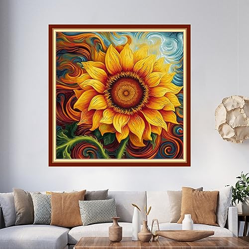 Image of Foxhool Beginners Cross Stitch Kits Stamped Full Range of Embroidery Kits for Adults DIY Cross Stitches kit Embroidery Patterns for Needlepoint kit-Magic Sunflower 17.7x17.7 inch
