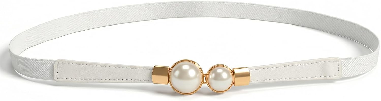 cobee White Belts for Women, Skinny Stretchy Waist Belt Elastic Pearl Buckle Thin Waistband for Women Dress