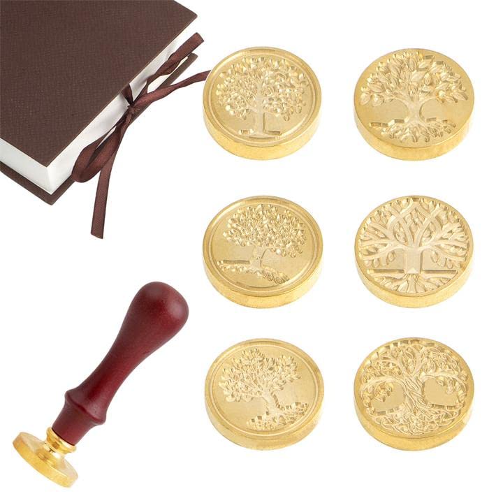 Juego de sellos de cera de cobre, 6 sellos de cera, 1 mango de madera, kit de sellos de cera de sellado clásico Enerty Hope (árbol de la vida)