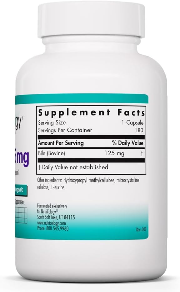 Nutricology Ox Bile 125 mg - Supports Fat Digestion - Delivers 125 mg Concentrated Bile Salts per Serving - Hypoallergenic & Vegetarian - 180 Servings - 180 Capsules