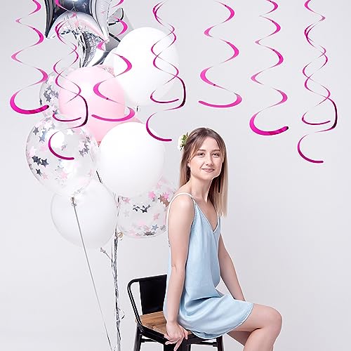 Image of Fumwase 30 PCS Party Swirl Decorations Hot Pink Shinny Foil Hanging Swirl Decorations with Double-Swirls and Single-Swirls Plastic Streamer for Ceiling Plastic Metallic Streamer for Party Decorations