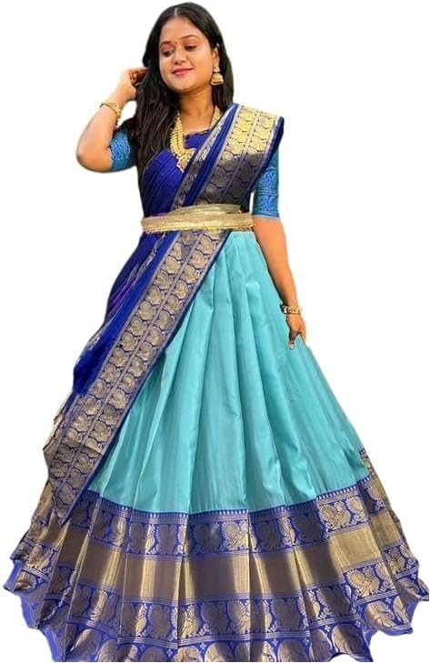 Women's Indian Traditional Unstitched Kanjivaram Kanchipuram Silk Lehenga Choli With Dupatta Attach With Unstitch Blouse Piece, Half Saree (KH143 LAHENGA SAREE PLAIN FIROZI ROYAL)