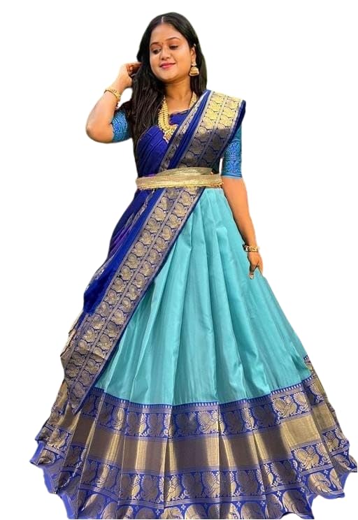 Women's Indian Traditional Unstitched Kanjivaram Kanchipuram Silk Lehenga Choli With Dupatta Attach With Unstitch Blouse Piece, Half Saree (KH143 LAHENGA SAREE PLAIN FIROZI ROYAL)