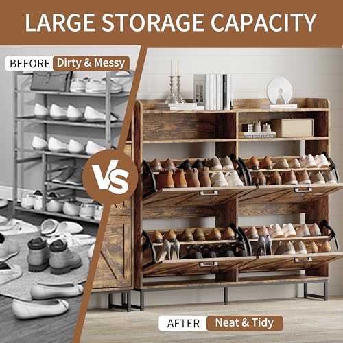 Image of Shoe Cabinet with 4 Flip Drawers, Freestanding Hidden Shoe Storage Organizer for Entryway, Narrow Slim Shoe Rack Cabinet with Open Storage & Hooks for Front Door Entrance, Living Room, Hallway, Brown