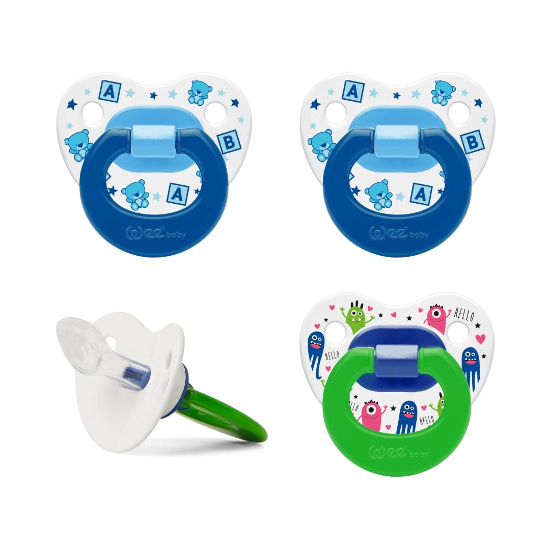 Wee Baby (4-Pack) Baby Dummies | Durable, Vibrant Teething Dummy with Orthodontic Silicone Teat for Healthy Teeth | Newborn Dummies with Air Holes to Prevent Irritation | BPA Free Baby Dummy Multipack