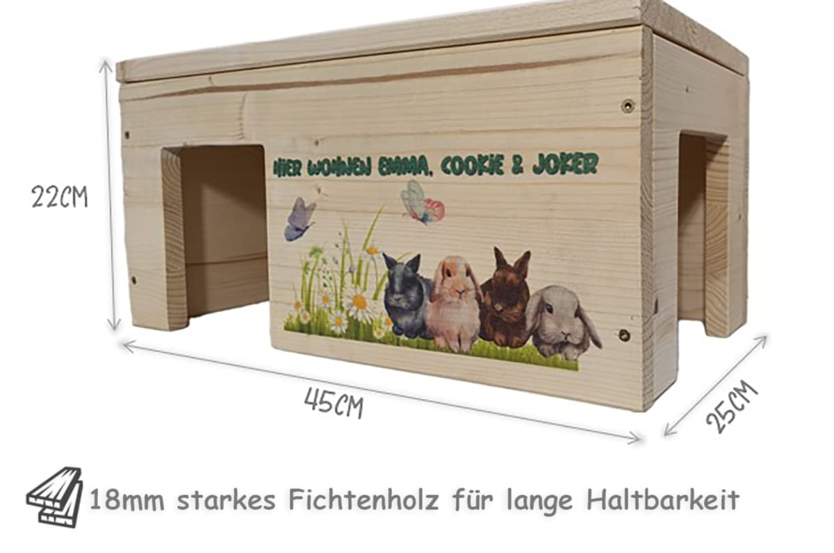 Kaninchenhaus Personalisiert mit Wunschnamen ihrer Hasen mit 2 Eingängen, Stabil, Holzlasur & Aufklappbar / 45x25x22cm