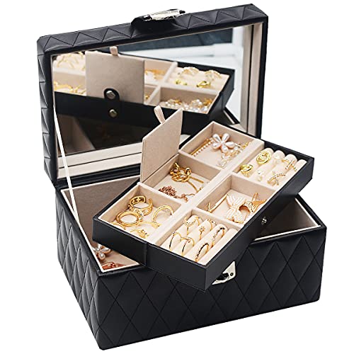 TNWZC Organizer Box for Jewelry, 2-Layer PU Leather Black Jewelry Box for Women, Jewelry Organizer with Mirror and Portable Jewelry Organizer Travel