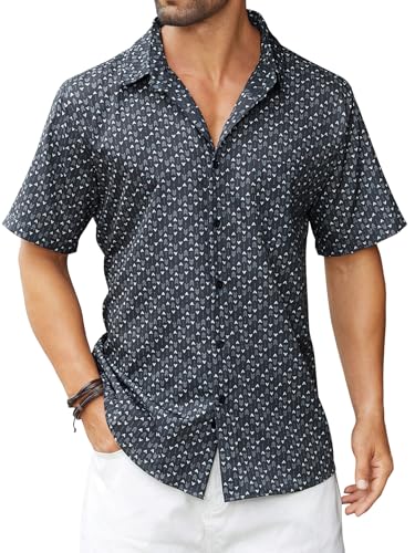 Hardaddy Men's Pattern Short Sleeve Button Down Graphic Printed Business Casual Dress Shirts with Pocket Gray 02 L