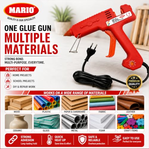 Image of Mario 300W Heavy Duty Glue Gun - Long Use, Nozzle Guard, Temp control+ 5 Crystal Clear Glue Sticks - Red (ME-3000)