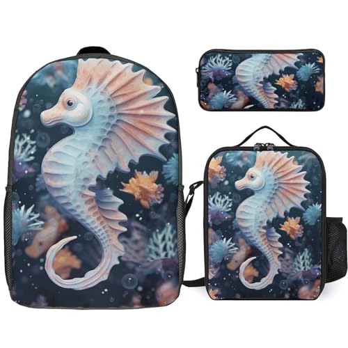 3 Piece Backpack for Women Men Lightweight Causal Daypack Shoulder Bag Set with Insulated Lunch Bag And Pencil Case Organizers Seahorse And Starfish