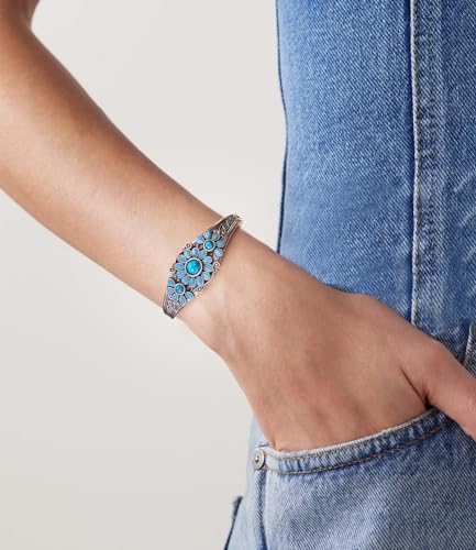 925 Sterling Silver Native American Turquoise Bracelet Cuff for Women Southwestern Squash Blossom Indian Jewelry Adjustable Bangle4