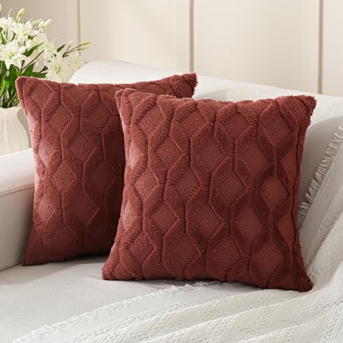Volcanics Pack of 2 Faux Wool Throw Pillow Covers 18x18 Inches Decorative Farmhouse Velvet Couch Pillow Case Soft Plush Square Boho Cushion Pillowcase, Rust Red