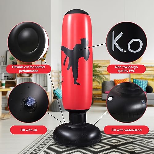 Inflatable Punching Bag For Kids, Freestanding Kids Boxing Bag With Stand, 63 Inch Punching Bag With Air Pump And Boxing Gloves For Karate Kickboxing, Workout Equipment, Gift For Boys Girls #TOP3