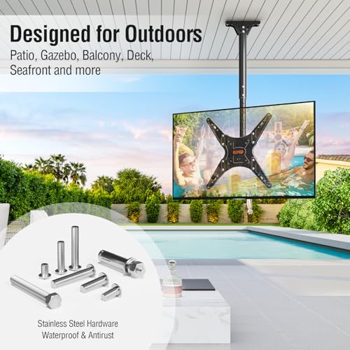 Image of ELIVED Outdoor Ceiling TV Mount for Most 26-65 Inch TVs, Weatherproof TV Hanging Bracket Anti-Rust for Patio, Height Adjustable Ceiling Mount 360 Swivel and Tilt, Max VESA 400x400mm Up to 99 lbs.