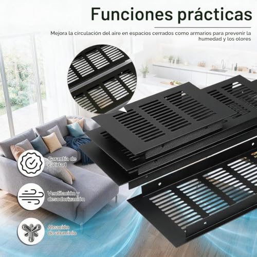 Miniatura 3 de Wjuan Rejilla De Ventilación De Aluminio, 400x50mm, Negro, Rectangular, Para Armarios, Dormitorios Y Puertas