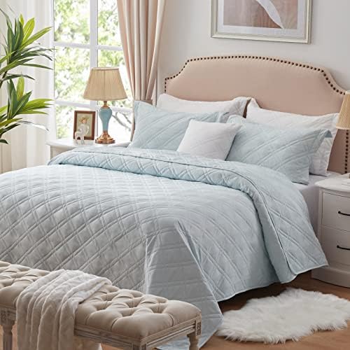 COZYART Light Blue Quilt Sets Queen Size Lightweight Bedspread Full Summer Quilt Sets Soft Coverlet 3 Piece Quilted Bedding Sets for All Season ,1 Quilt 2 Pillow Shams