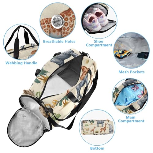 Duffle Bag Kids Gym Bag with Shoes Compartment & Wet Separation Overnight Travel Duffel Bag Lion Elephant Cheetah Antelope for Girl Boy4