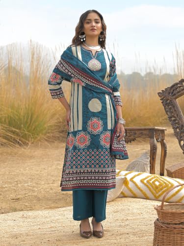 Image of INDO ERA Women's Green Pure Cotton Floral Printed Sequinned Kurta & Pant with Dupatta Set