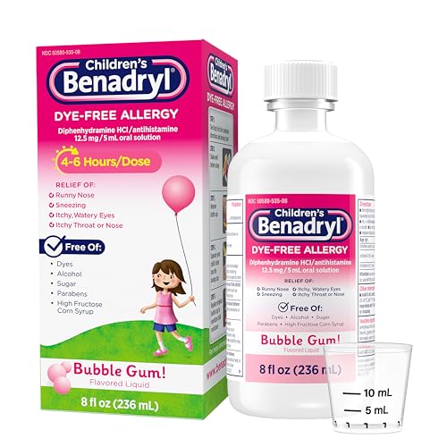 Image of Benadryl Children's Liquid, Kids Allergy Relief Medicine, Dye-, Alcohol-, High Fructose Corn Syrup (HFCS)-Free, Safe for Children 6+ Use Only As Directed, Bubble Gum Flavor, 8 fl oz