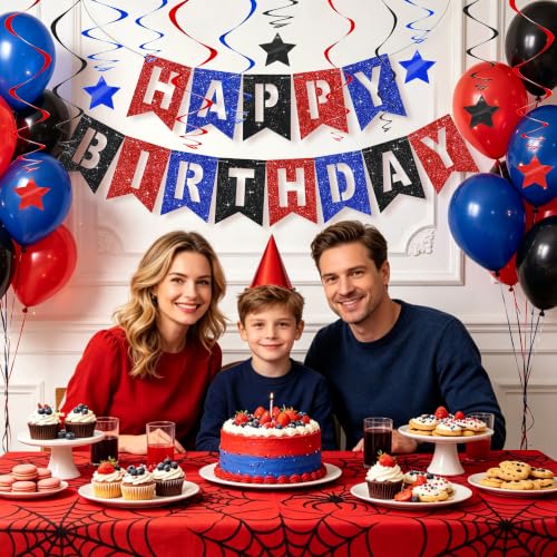 Image of BEISHIDA Red Blue Black HAPPY BIRTHDAY Banner for Spider Birthday Party Decoration