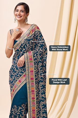 Image of TRENDMALLS Women's Vichitra Silk Heavy Embroidery With Siroski Stone Work Saree with Unstitch Blouse Piece For Women
