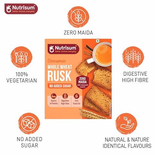 Image of Nutrisum Premium Whole Wheat Rusk Cinnamon Flavour, High Fiber, Refined Sugar Free, Tea Toasts 180 gms (Pack of 2)