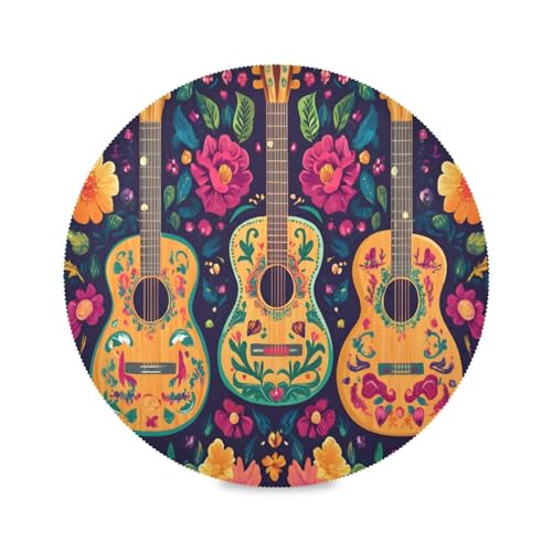 JUMBEAR Manteles individuales redondos con diseño de guitarra de estilo mexicano, antideslizantes, lavables, resistentes al calor, impermeables, para cocina, comedor, mesa de centro, decoración de