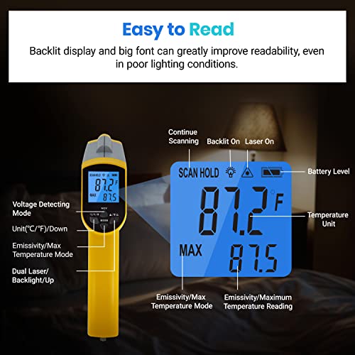 Image of Etekcity Infrared Thermometer 1025D (Not for Human) Dual Laser Temperature Gun-58℉~1022℉ (-50℃~550℃) with Adjustable Emissivity, Non-Contact Voltage Tester (NCV), Standard Size, Yellow & Gray | Pizza Oven, Griddle, BBQ, Meat, HVAC, Engine, Electricians, Non-Contact Voltage Detection, Adjustable Emissivity