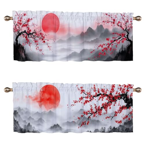 CAIJXIONG Japanese Cherry Blossoms Valances for Windows 2 Pack Mountains Trees Red Sun Decoration...