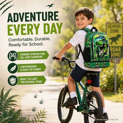 Image of 2 In 1 Dinosaur Backpack for Boys, 17 inch School Bookbag with Lunch Box, Kids Backpacks for Elementary Preschool Kindergarten (Green)