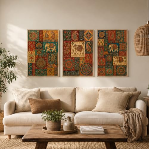 Image of Livin'luxe Set of 3 Rajasthani Elephant Patchwork Wall Paintings for Living Room Bedroom Home Decor with Premium Wooden Color Synthetic Frame (25.5 x 19.5 Inch) NM03-63