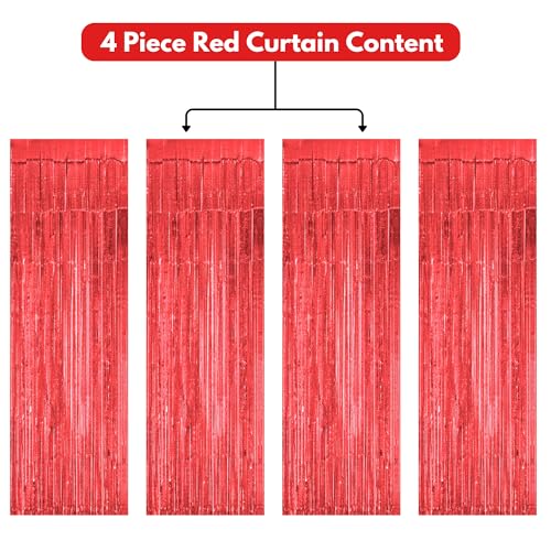 Image of 4 Pcs Foil Curtain Happy Birthday Decoration Kit Red for Anniversary Baby Shower Boys Girls Kids Party Pack Items Set Combo Aluminium Metallic Foil Fringe Shimmer Backdrop