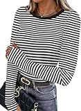 Striped Long Sleeve Shirts for Women with Thumb Holes Fleece Thermal Underwear Crewneck Fall Tops 2025 Early Fall Fashion M