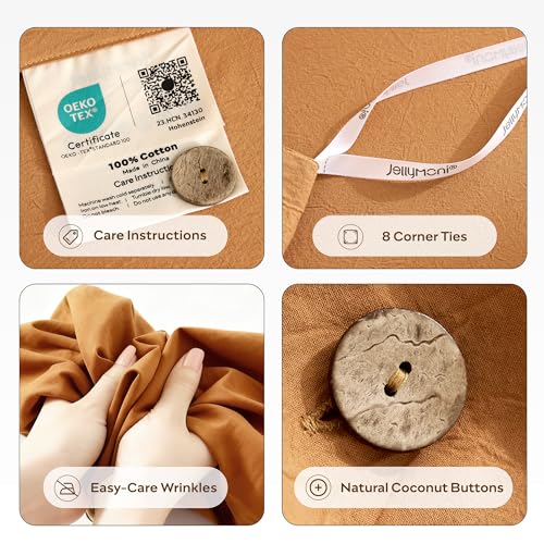 Image of JELLYMONI 100% Washed Cotton Duvet Cover Twin - Soft, Breathable Linen-Look Bedding with Natural Wrinkle Texture, Button Closure, 2-Piece Set (Amber Orange, 68 inchx90 inch)
