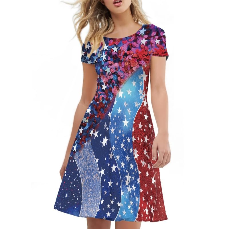 Image of Irisjudy T Shirt Dress for Women Short Sleeve Girls Short Sleeve Dress Plus Size, O Neck Knee Length Midi Dress for Ladies