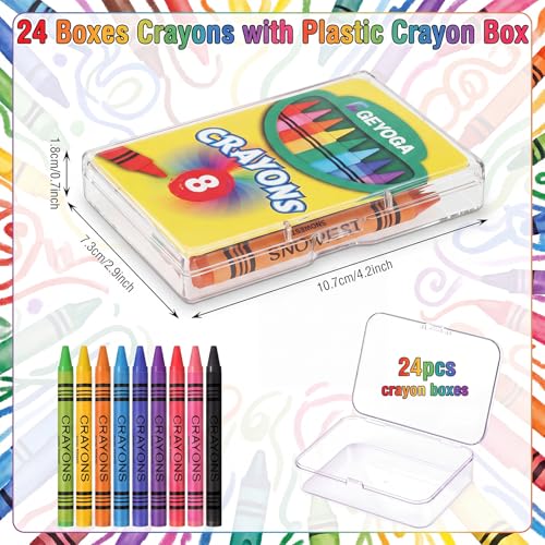 Image of Geyoga 24 Set /192 Pcs 8 Color Plastic Crayon Boxes with Crayon Bulk | 4.2 x 2.9 x 0.7 Inches Crayon Organizer Case, Stackable Crayon Storage with Name Tags, Back to School Essentials Party Favors