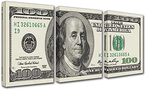 Tucocoo Arte de parede em tela de 3 painéis, coleção de dinheiro de 100 notas de dólar, pôster de impressão para decoração de casa e escritório, sala de estar, arte emoldurada pronta para pendurar