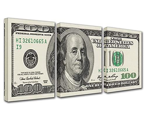 Image of Tucocoo 3 Panels Canvas Wall Art 100 Bill Dollar ​Cash Money Collection，Printing Poster for Home Decor and Office Living Room Artwork Framed Ready to Hang-42 inchX20 inch