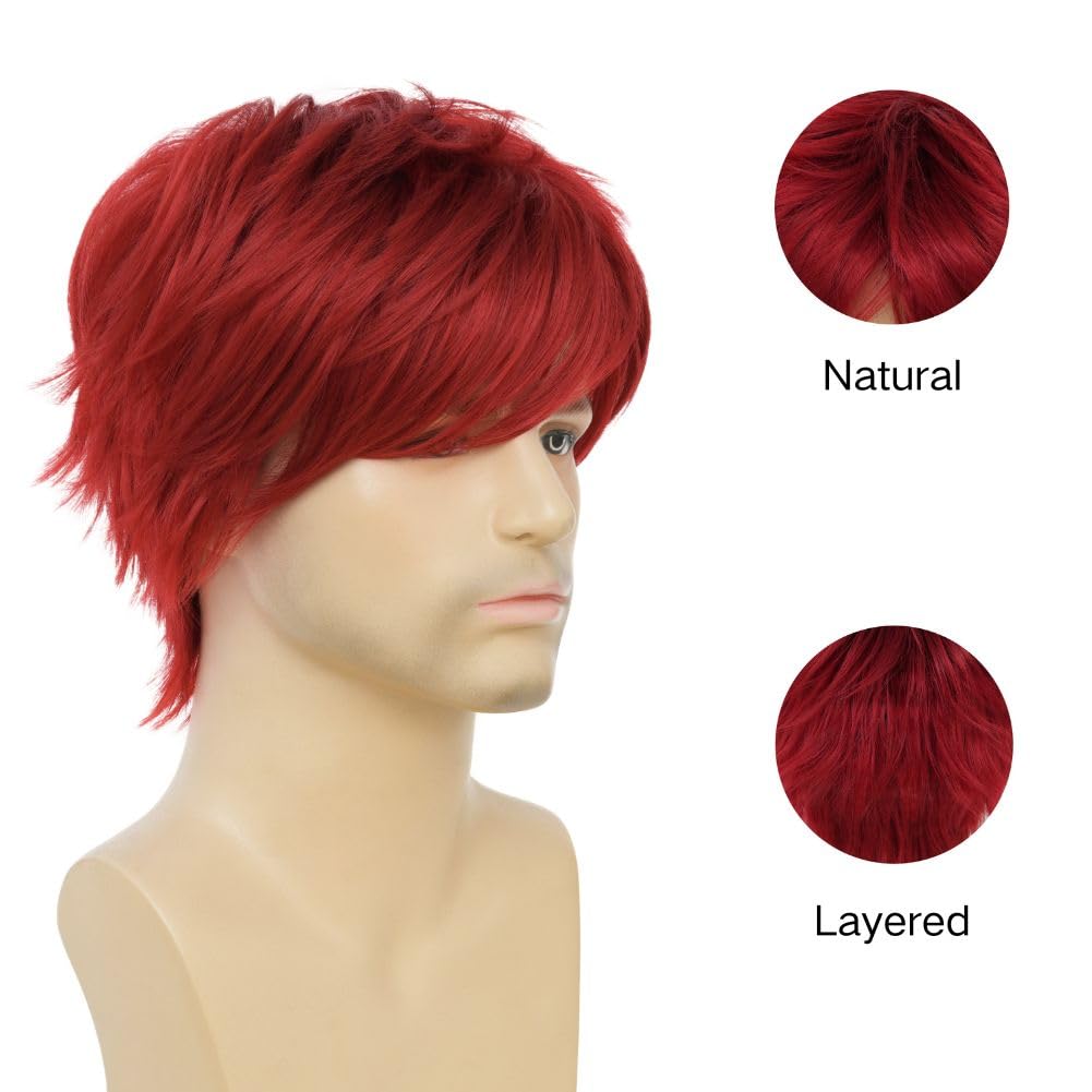 Salaibs Red Short Wigs for Men Layered Cosplay Wig Shaggy Synthetic Fiber Halloween Costume Daily Wig, 22 inches - Image 3