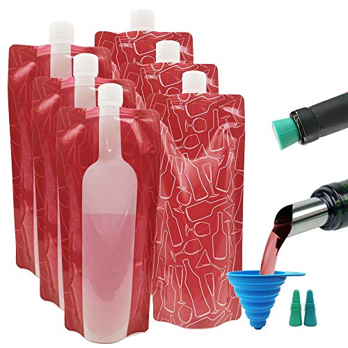 6 pcs Wine Bag Flask with 2 Wine Stoppers & Funnel, CNYMANY 750ml Reusable Foldable Plastic Wine Bottle Cooler Leek Proof Camping Accessories for Travel Hiking Wine Liquor Beverages