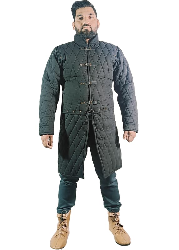 Medieval Thick Padded Full Sleeves Gambeson Coat Aketon Jacket Armor, Cotton Fabric Black - Medium