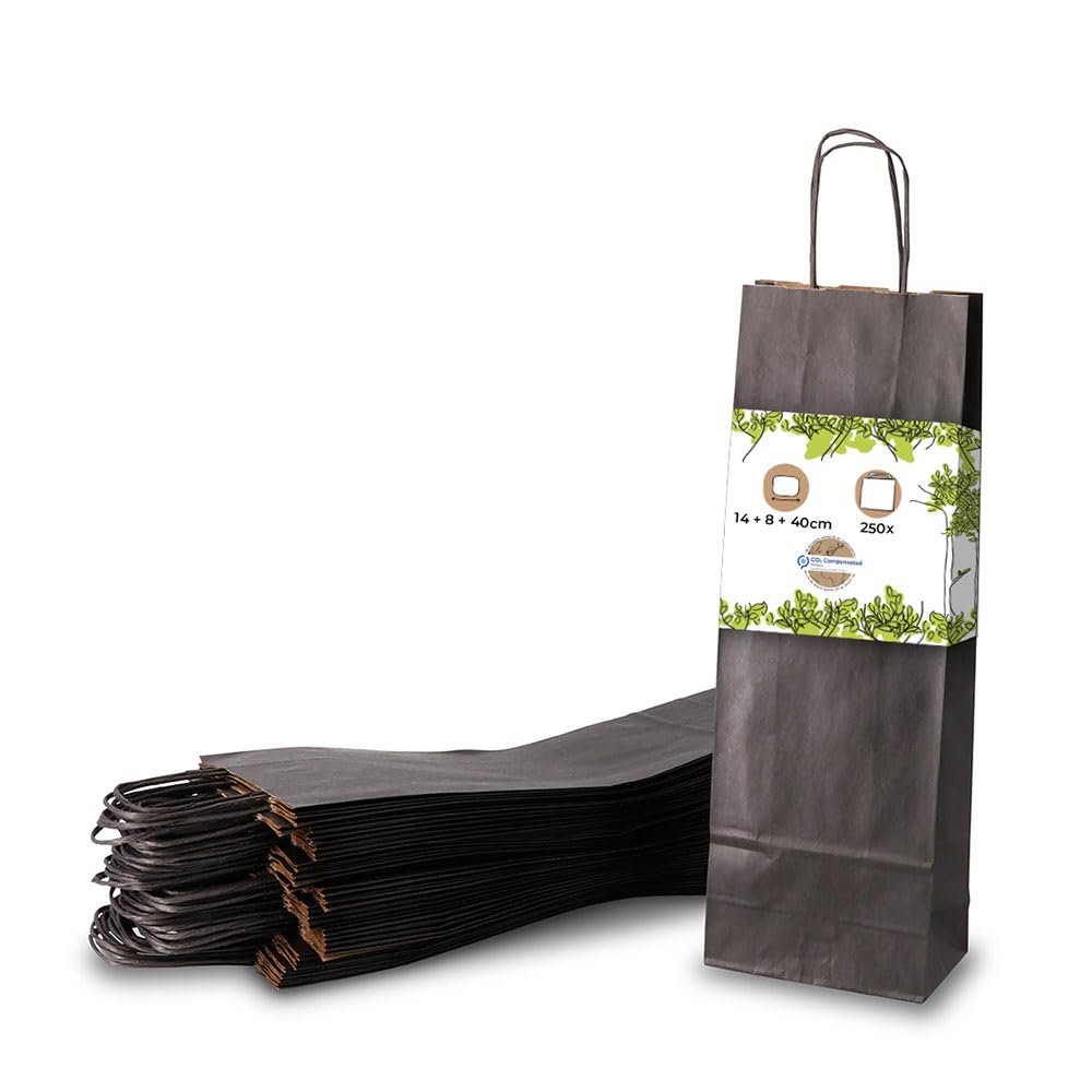 BIOZOYG Sac ŕ Bouteille Sacs Cadeaux 250 Pičces 14 + 8 x 40 cm Noir - Sacs en Papier Sac ŕ Vin Compostable Durable - Sac Bouteille Emballage Cadeau Vin Liqueur Rhum