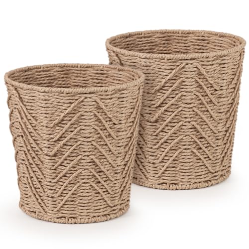 Woodluv Set of 2 Round Handwoven Paper Rope Bins Decorative Wastepaper Baskets for Home Closet or Office Organization Durable Stylish & Functional Storage Solution - Khaki