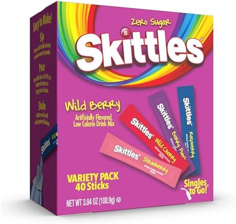 SINGLES TO GO! Skittles Go Wild Berry Variety Pack, Watertok Powdered Drink Mix, Zero Sugar, Low Calorie, Includes 4 Wild Berry Flavors, 1 Box (40 Single Servings)