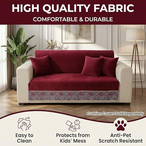 Image of KINGLY Sofa Cover 3 Seater Fully Covered | Stretchable Anti-Slip Slipcover | Washable Furniture Protector | Maroon | Seat & Back | Set of 2Pc