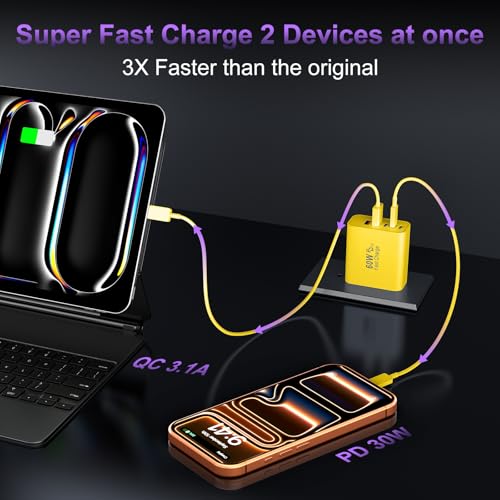 Image of USB C Fast Wall Charger Block, 2Pack 60W USBC Charging Cubes, 5-Port PD+QC Power Adapter Multiport Brick Type C Box Plug for Phone 17 /16 /15 /14 /13 /12 /11 /Pro Max /Plus, Pad Mini /Pro /S25 /S24-Yellow