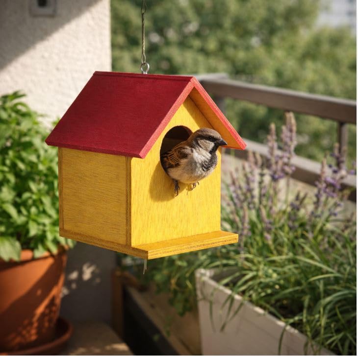 PAXI DAYA Bird House for Small Birds/Wooden Bird's Nest Box for Sparrow and All Small Garden Birds/Ghar/Pet House/Yellow Color/Single Piece-image-5